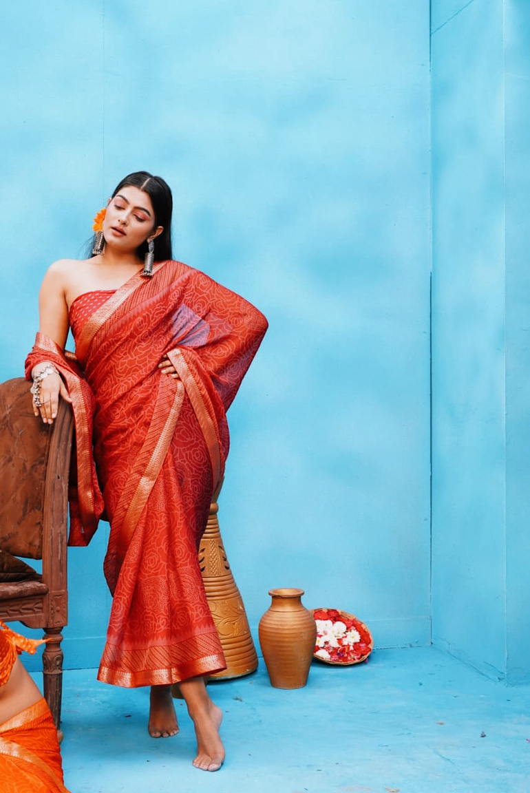 Aanchal Gandhi in saree catalogue editorial